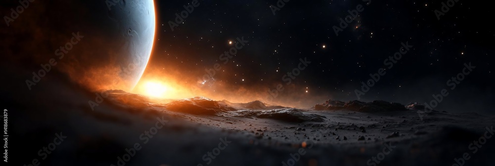 Leinwandbilder dramatic space scene with a planet and fiery light. features celestial bodies and a dark backdrop cr