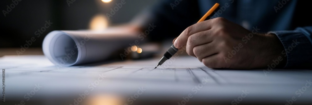 Poster Close-up of a hand writing on paper with a pen illuminated by warm lighting. Rolled blueprints are also present in a dim and professional environment