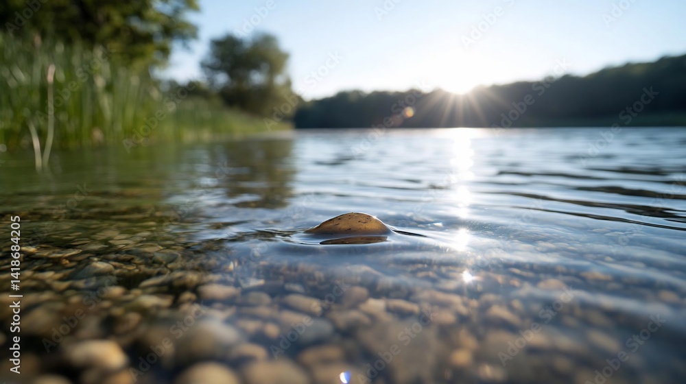 Leinwandbilder close-up view of clear water with pebbles and a single rock in focus sunlight reflects on the water 