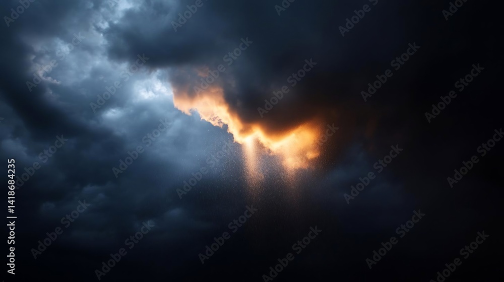 Poster Dramatic dark clouds with sunlight breaking through casting light and creating rain effect in the atmosphere
