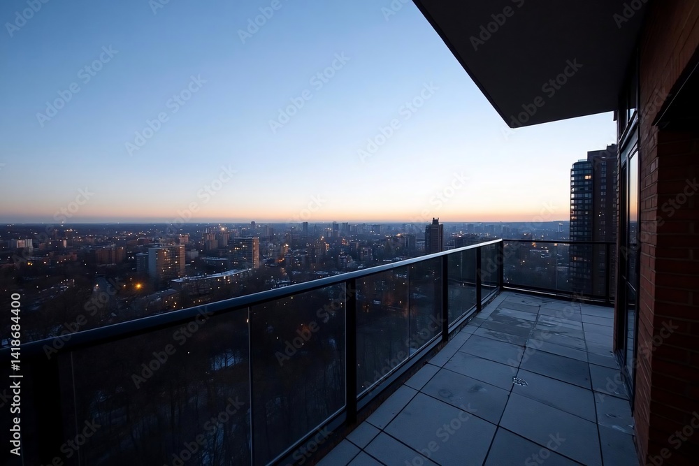 Poster evening cityscape view from a high balcony overlooking urban structures illuminated by ambient light