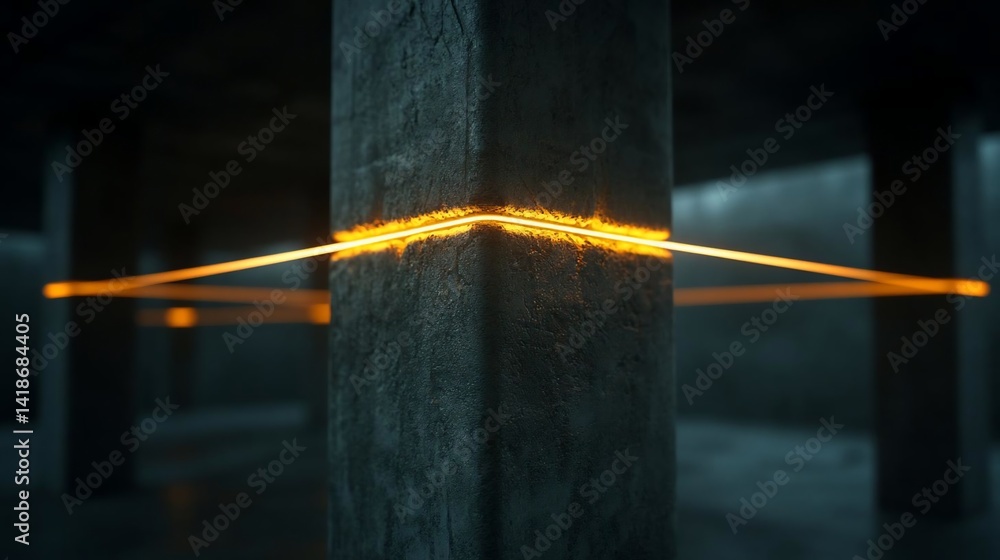 Poster abstract geometric composition featuring glowing orange lines intersecting a textured dark concrete 