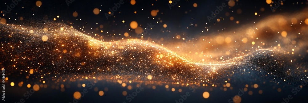 Poster Abstract image featuring a flowing golden particles with bokeh effect against a dark background. This art creates a dynamic and luminous visual experience with depth of field and sparkling elements
