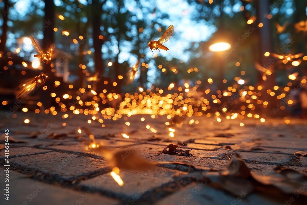 Poster Close-up of sparks and insects mid-flight over a stone pathway at dusk. Warm bokeh lights provide a blurred background creating a magical atmosphere