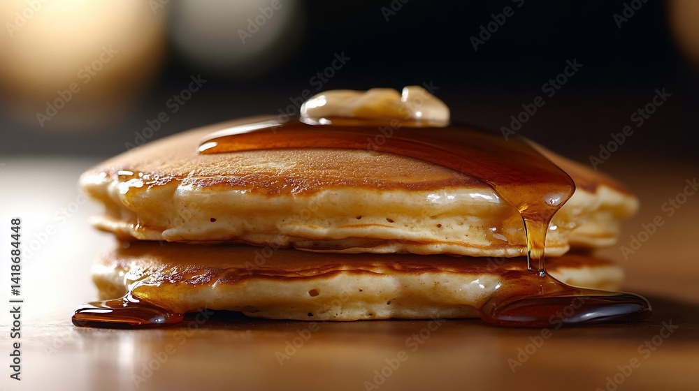 Poster close up of stack of pancakes with pouring maple syrup and butter on top on a wooden table in warm l