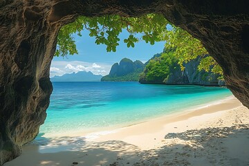 Obraz premium Hidden Paradise El Nido Philippines Tropical Beach Through Cave Opening On Sunny Day