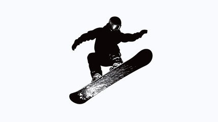 High-contrast monochrome image depicting a dynamic silhouette of a snowboarder mid-air, executing a jump. The snowboarder is rendered in stark black against a pure white background
