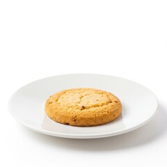 Single cookie resting centered on a plain round ceramic plate top isolated on white background