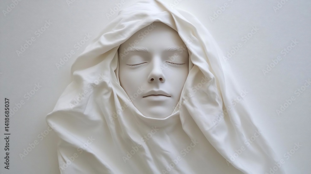 Poster a serene white sculpture of a face is draped in a soft cloth. the portrait is of a face with closed 