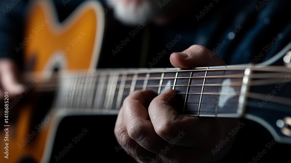 Poster close-up view of a person's hands playing an acoustic guitar with selective focus on the fretboard a