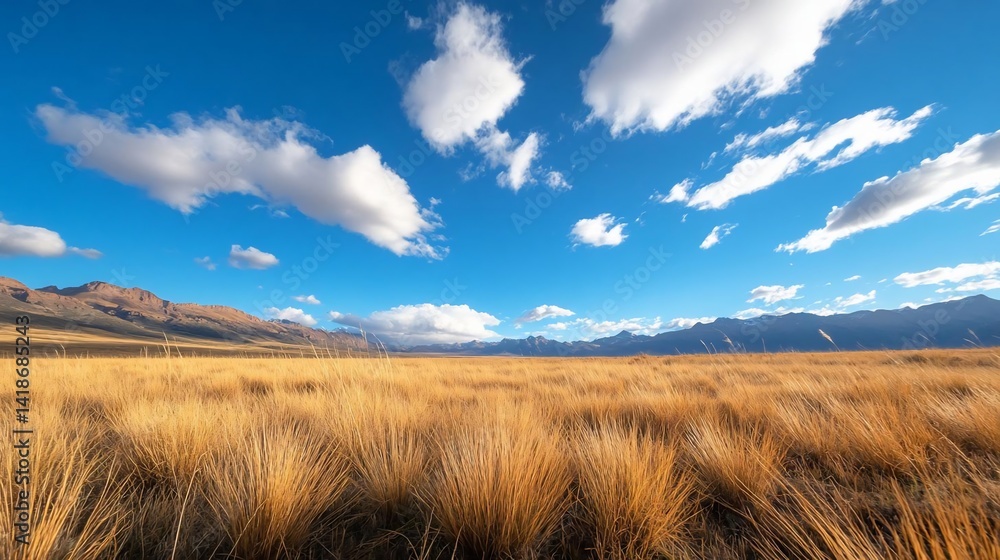 Poster panoramic view of golden wheat field under a vibrant blue sky with fluffy white clouds and mountains