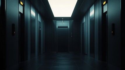 Empty, dark elevator hallway in a modern building.