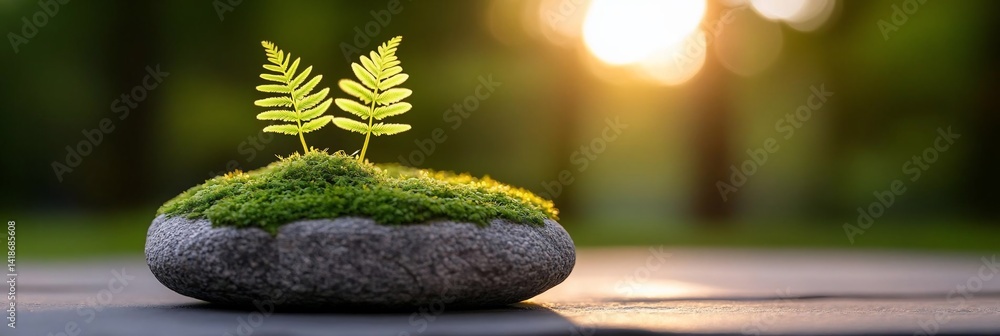 Poster close up view of a small stone with moss and tiny green plants growing on top with blurred green bac