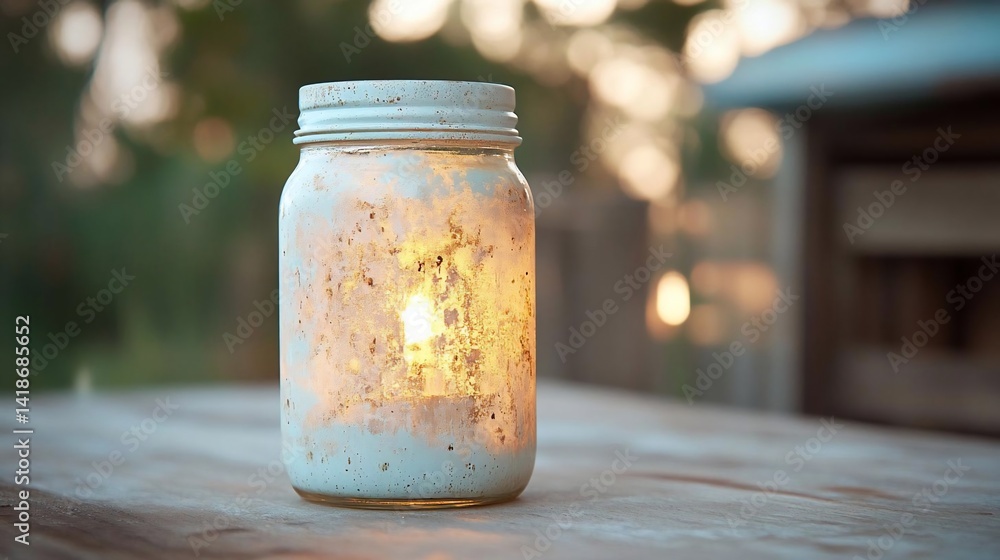 Poster illuminated jar with a candle inside on a wooden surface with a blurred green background and warm li