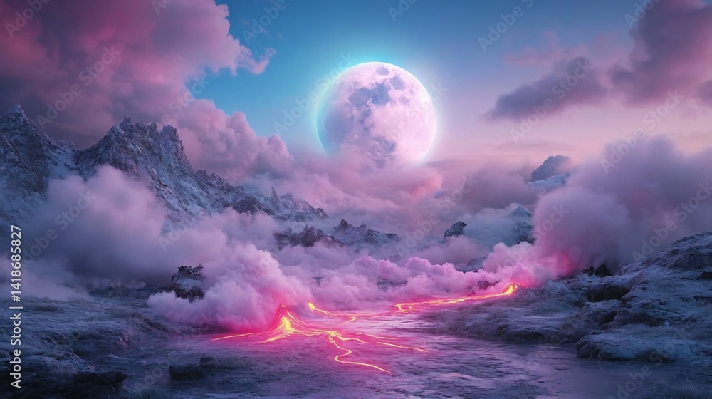 Poster generic landscape featuring mountains clouds and glowing river under a bright full moon creating dre