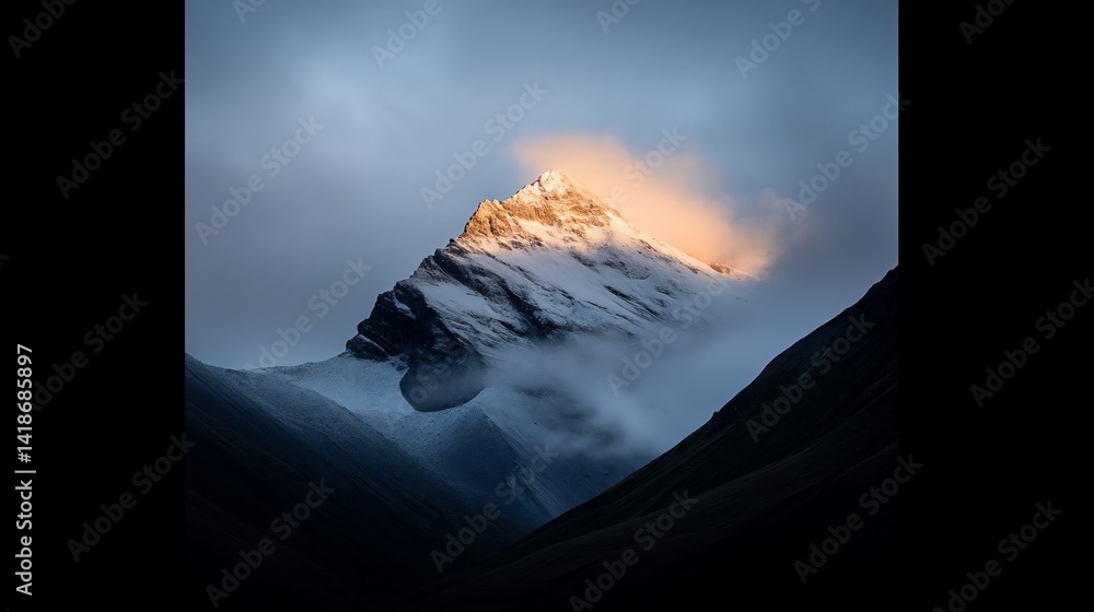 Poster a majestic snow-capped mountain peak illuminated by golden sunlight emerging from a sea of clouds. d