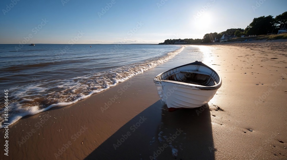 Poster generic boat rests on sandy beach with gentle waves under a bright sun. the scene features calm wate