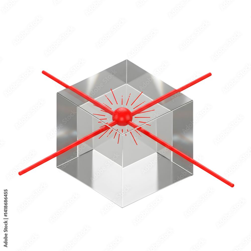 Poster red laser beams intersecting transparent cube 3d render of light technology