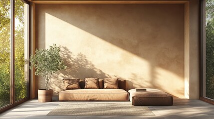 Modern interior with sofa plant and natural light shining