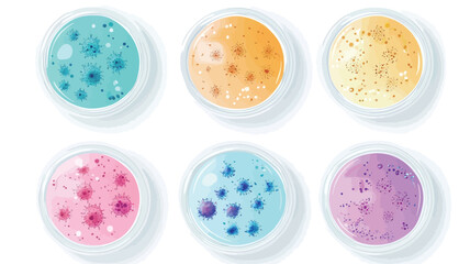 A digital illustration showcasing six circular bowls filled with pastel-colored desserts. Each bowl presents a unique pastel shade��light blue, pale orange, light yellow, pink, purple