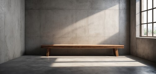 An old wooden bench for product display sits in the empty room with a grunge wall and floor, a vintage style interior with nobody around