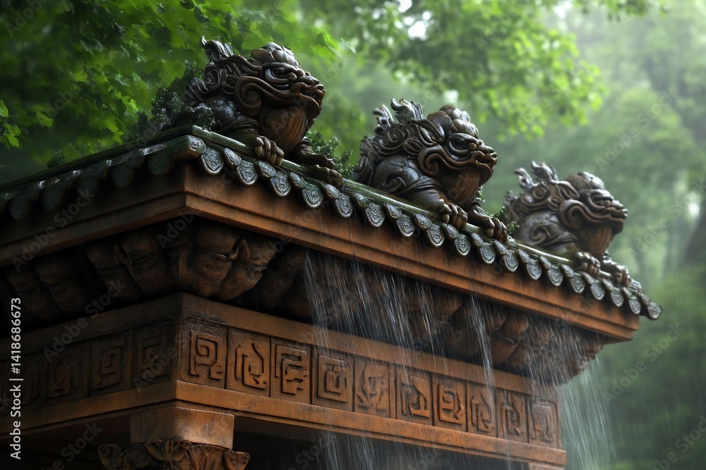 Poster Close up of a traditional Asian architectural structure with intricate carvings. Rain falling adding a sense of nature and tranquility. The green foliage in the background creates a peaceful