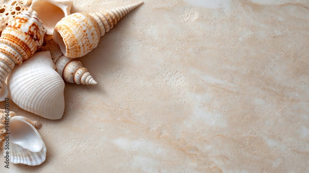 Poster assortment of generic objects arranged on a textured sandy surface creating a beach-themed compositi