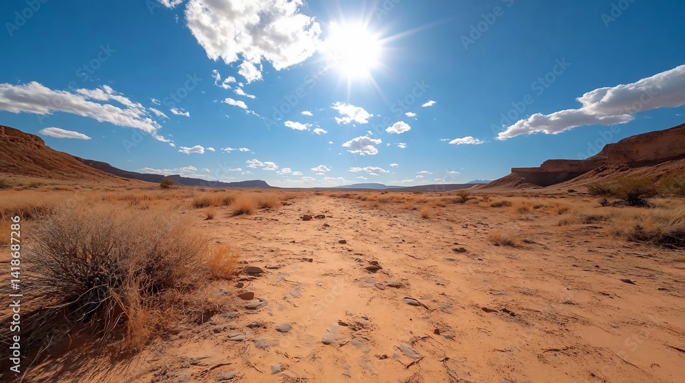 Poster vast desert landscape under bright sunlight and a clear blue sky with scattered clouds and rock form
