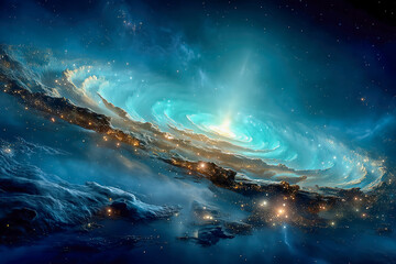 Fototapeta premium Surreal cosmic landscape with swirling clouds and bright stars.