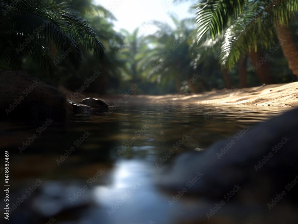 Aufkleber tranquil stream flowing through a lush generic oasis with palm trees casting shadows on the water an