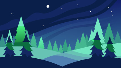 Northern Lights Over Christmas Forest Vector Scene