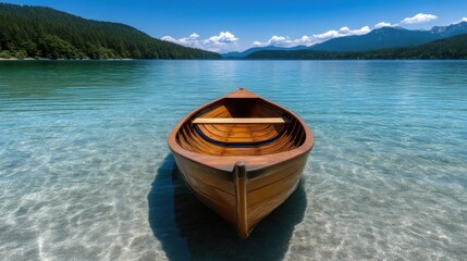 Tranquil wooden boat on a serene lake, nestled amidst mountains.  Crystal-clear water reflects the surrounding landscape