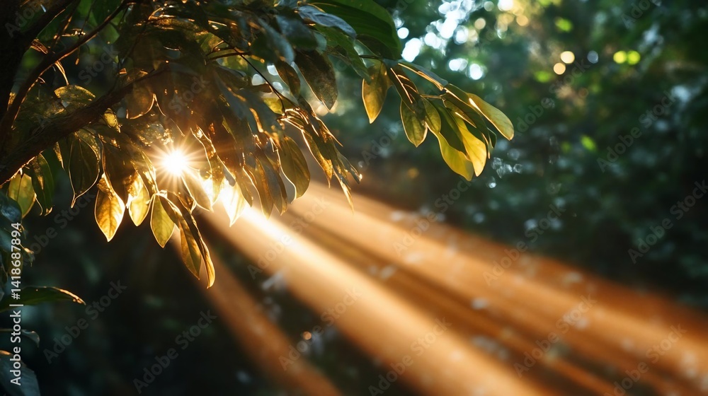 Fototapete Sunlight streams through green leaves creating light rays in a forest setting. Natural light illuminates foliage and highlights the forest atmosphere