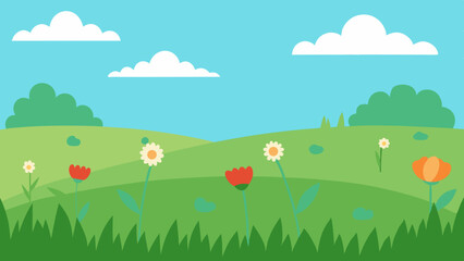 Open Green Meadow with Flowers in Full Bloom