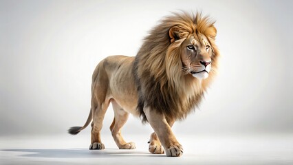 Obraz premium Majestic Lion Walking, White Background, Wildlife Photography, Animal Portrait, Generative AI Art