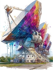 Vibrant satellite dishes in a whimsical, artistic style.