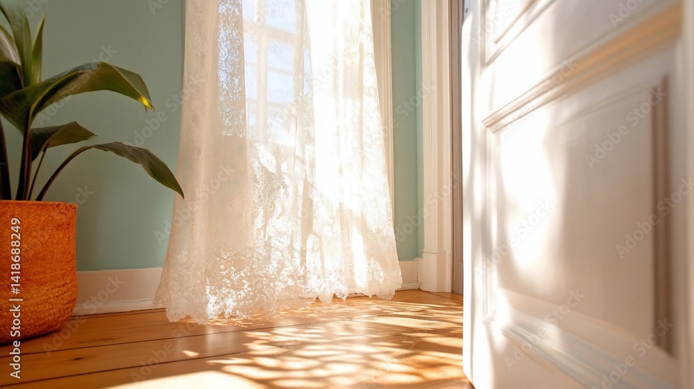 Leinwandbilder sunlight streams through a lace curtain illuminating a room featuring a potted plant and a partially