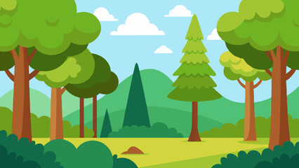 Tranquil Cartoon Forest with Lush Trees and Green Bushes