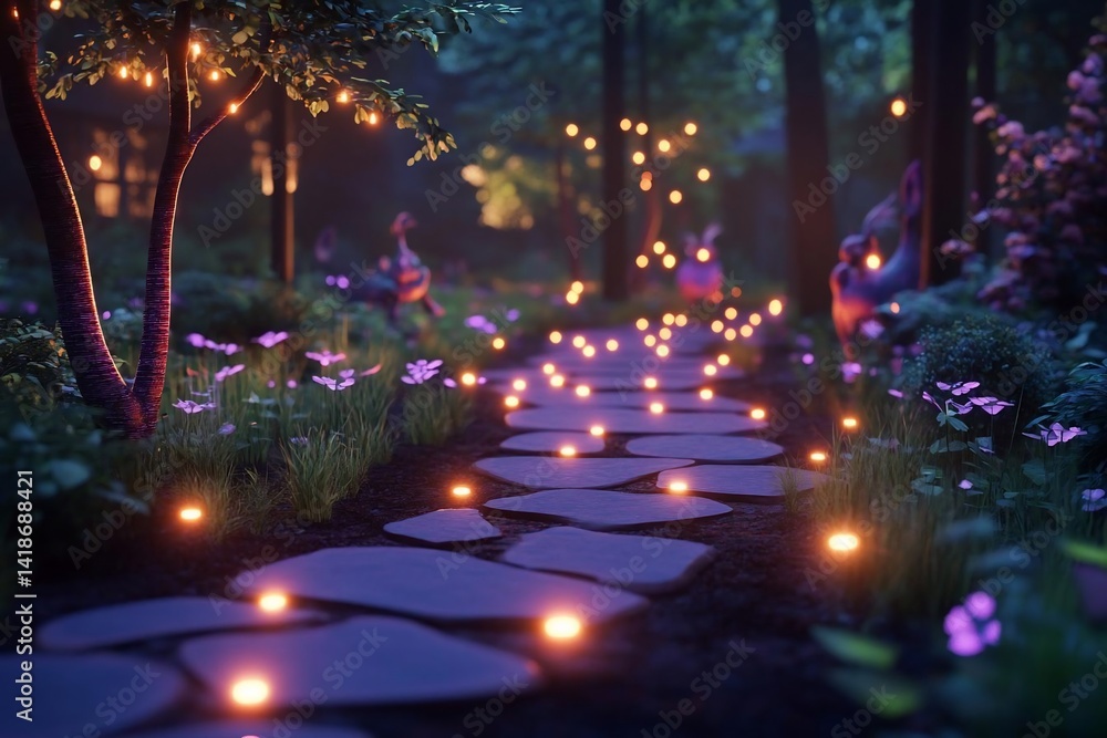 Poster stone pathway illuminated by glowing lights winding through a mystical forest with vibrant purple fl