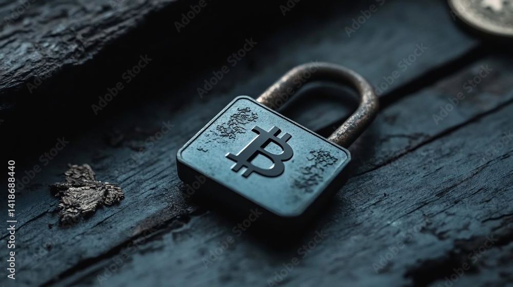 Aufkleber close-up shot of a padlock with a symbol on a dark wooden surface with a blurred background. the pad