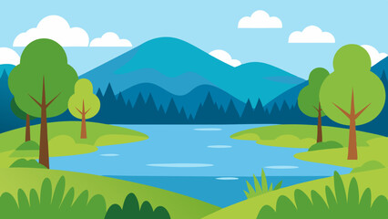 Obraz premium Peaceful Lake with Trees and Grassy Shoreline