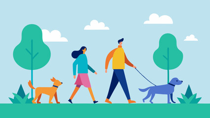 Minimalist Illustration of People Walking Dogs in Park