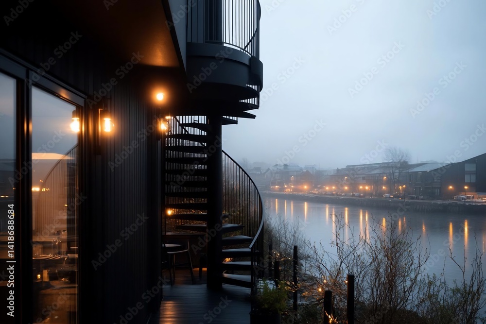 Poster a moody exterior shot featuring a dark modern building with a spiral staircase. soft lighting illumi