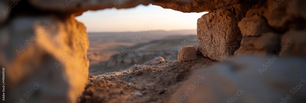 Aufkleber view through a stone opening to a landscape with a warm sunset sky. the frame is formed by rough tex