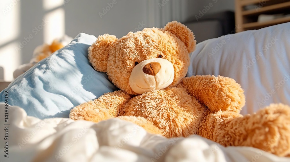 Poster close up view of a brown stuffed animal resting on a bed. soft lighting and textures create a cozy a