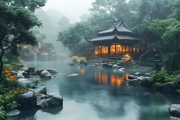 Tranquil Asian Garden With Traditional Pavilion And Serene Lake Surrounded By Lush Greenery