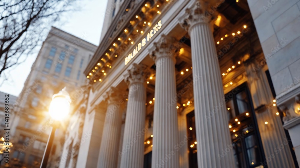 Poster Exterior shot of a classical building facade with towering columns adorned with warm string lights during dusk or dawn. The architecture is grand with a city background