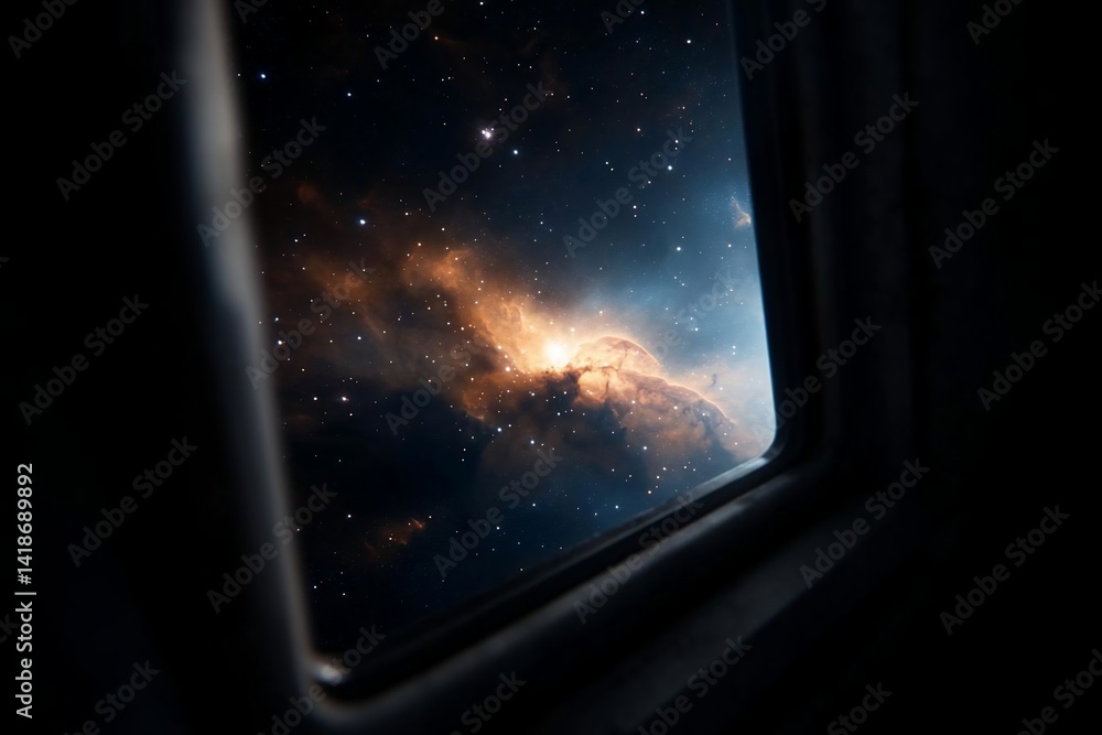 Leinwandbilder a view of a vibrant nebula through a window, showcasing cosmic dust and celestial bodies with a dark