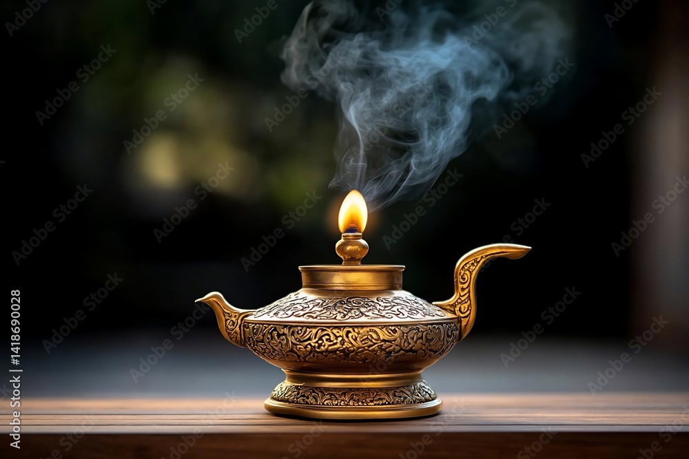 Poster Detailed image of a golden ornate lamp with a flickering flame and smoke against a blurred green background. The lamp sits on a wooden surface