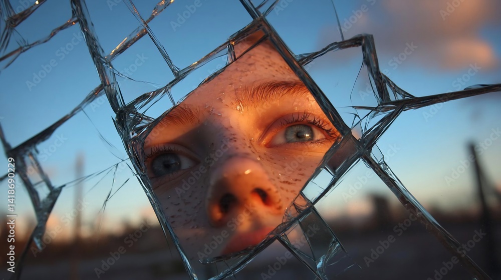 Poster Close-up of a person's face with sparkling particles partially obscured by a fractured mirror against a blurred landscape with a blue sky and pink clouds